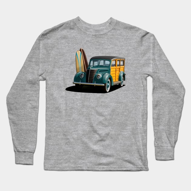 1937 Ford Woody Station Wagon in teal Long Sleeve T-Shirt by candcretro